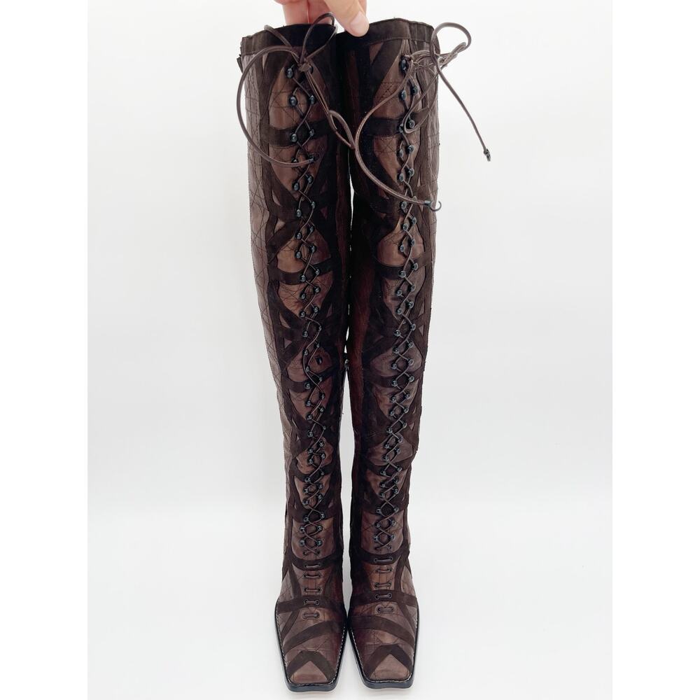 Dior Vintage y2k Galliano Era Brown Cannage Louis XVI OTK Lace Up Boots EU 39 - Picture 5 of 13